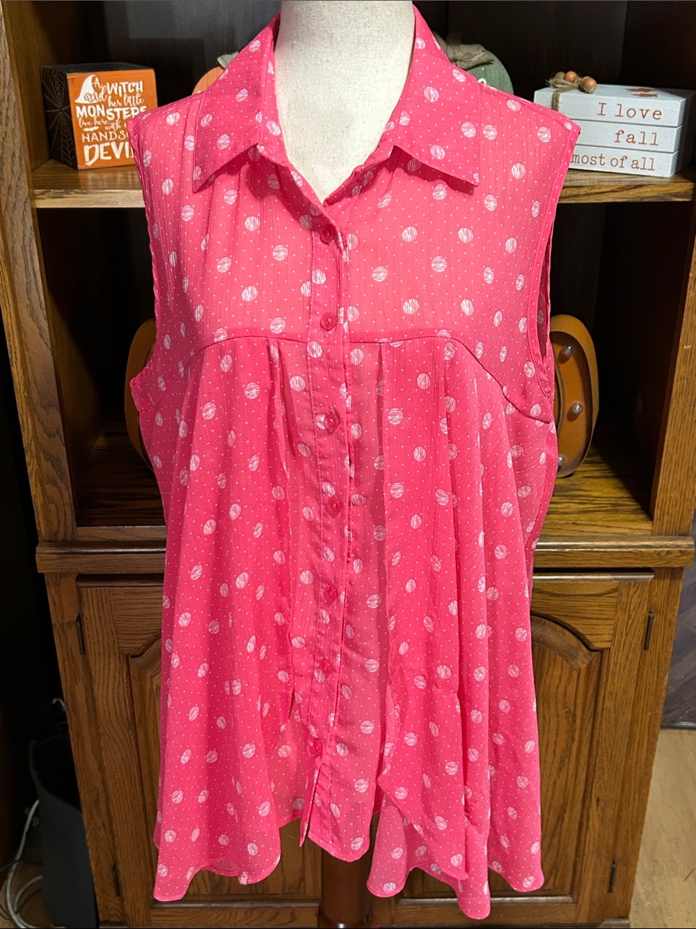 Zac & Rachel Coral Pink Polka Dot Sleeveless Button-Down Blouse
